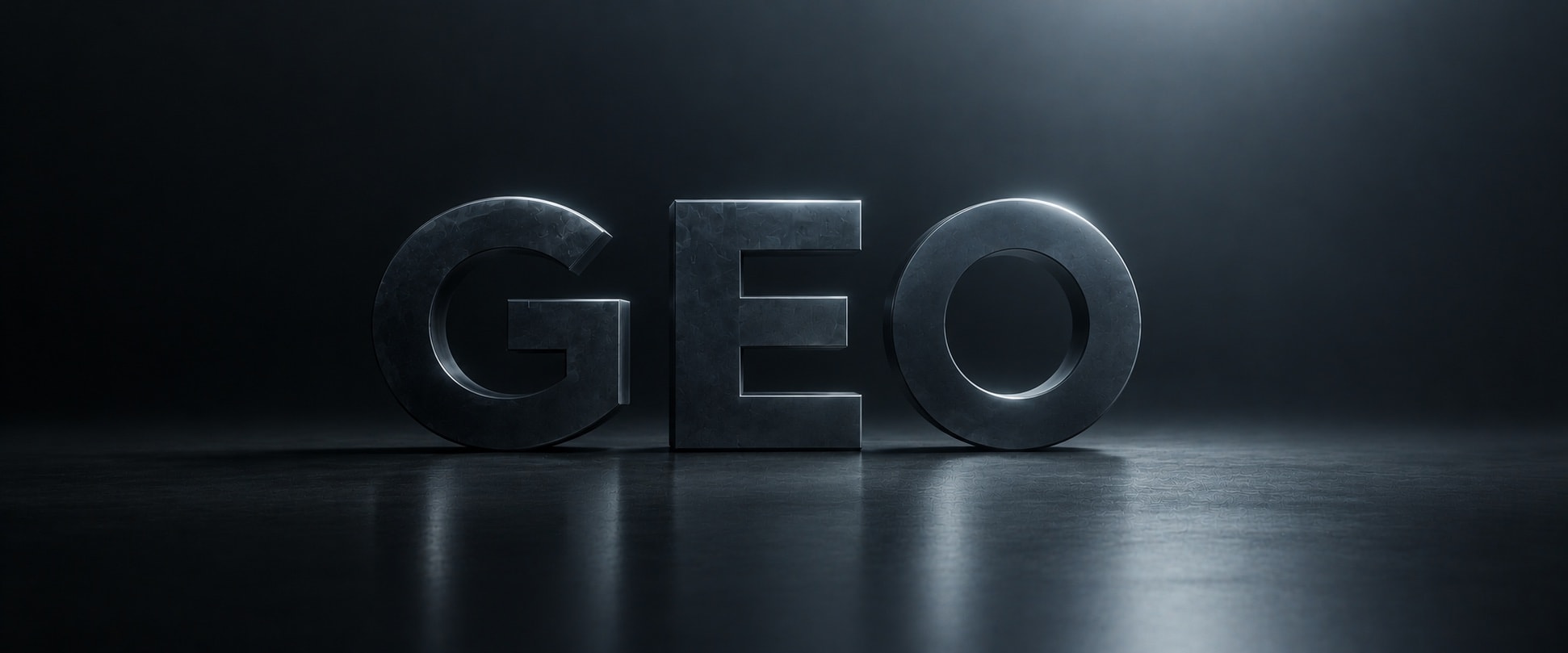 Les lettres GEO en métal, posées sur un sol sombre et éclairées par le haut